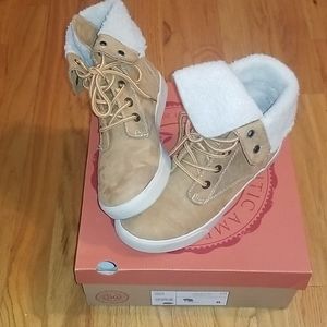 Tan and cream lace up ankle boots